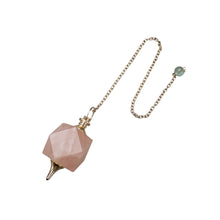 Load image into Gallery viewer, &quot;Single Rose Quartz Hexagonal Pendulum with a metal tip on a white background,&quot; - Down to Earth.
