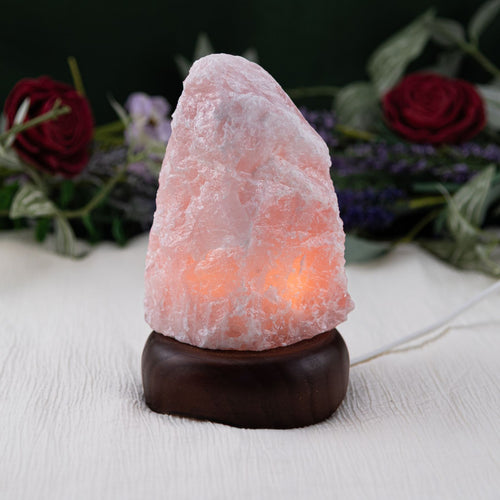 Rose Quartz lamp with flowers on the foreground - Down to Earth