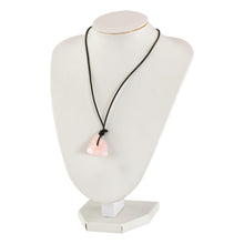 Load image into Gallery viewer, Rose Quartz Leather Cord Necklace on a stand side angle on a white background - Down To Earth
