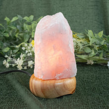 Load image into Gallery viewer, Rough Rose Quartz Lamp with the light on a style background - Down To Earth

