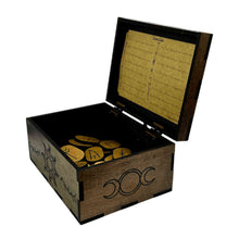 Load image into Gallery viewer, Sunburst Box with Runes Set Box Open Side Angle - Down To Earth
