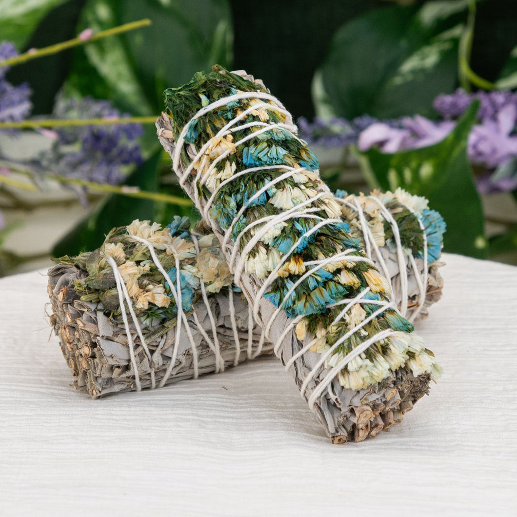 Sage With Blue Sinuata Smudge Stick - Down To Earth