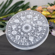 Load image into Gallery viewer, Selenite Zodiac Charging Plate side angle in styled format photo - Down to Earth
