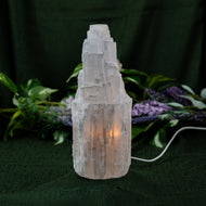 Selenite lit Lamp on a green textured background - Down to Earth