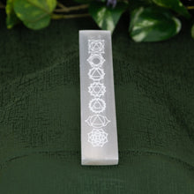 Load image into Gallery viewer, Selenite engraved Chakra Ruler on a green background - Down to Earth 
