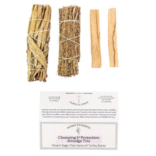 Load image into Gallery viewer, Cleansing &amp; Protection: Desert Sage, Palo Santo &amp; Yerba Santa on a white background  - Down to Earth
