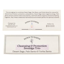 Load image into Gallery viewer, Cleansing &amp; Protection: Desert Sage, Palo Santo &amp; Yerba Santa on a white background info card  - Down to Earth
