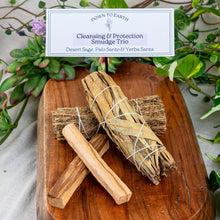 Load image into Gallery viewer, Cleansing &amp; Protection: Desert Sage, Palo Santo &amp; Yerba Santa on a wooden surface styled photo - Down to Earth
