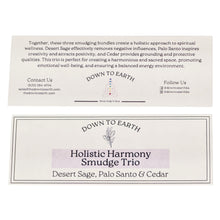 Load image into Gallery viewer, Holistic Harmony: Desert Sage, Palo Santo &amp; Cedar on a white surface Info Card - Down to Earth
