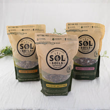 Load image into Gallery viewer, Sol Soils Potting Mix group photo top down angled displayed on a styled background - Down to Earth
