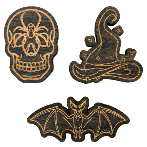 Spooky Magnets with a Bat, Witches Hat and Skull with a Black Widow - Down To Earth