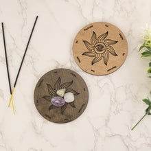 Load image into Gallery viewer, Wooden Sun Pendulum Board top down with props displayed on a styled background - Down To Earth
