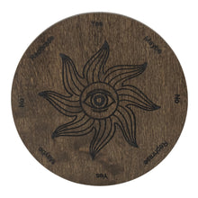 Load image into Gallery viewer, Wooden Sun Pendulum Board Dark Stain front side displayed on a white background - Down To Earth
