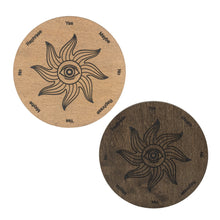 Load image into Gallery viewer, Wooden Sun Pendulum Board group photo top down angle displayed on a white background - Down To Earth
