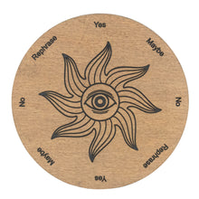 Load image into Gallery viewer, Wooden Sun Pendulum Board Light Stain front side displayed on a white background - Down To Earth
