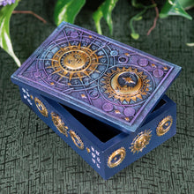 Load image into Gallery viewer, Sun &amp; Moon Tarot Card Box on a green cloth styled photo - Down to Earth
