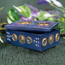 Load image into Gallery viewer, Sun &amp; Moon Tarot Card Box on a green cloth side angle styled photo - Down to Earth
