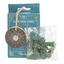 Load image into Gallery viewer, Tarot Incense Cones: White Sage packaging with the incense cones displayed on a white background - Down To Earth
