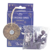Load image into Gallery viewer, Tarot Incense Cones: Lavender packaging with the incense cones displayed on a white background - Down To Earth
