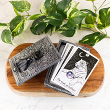 Load image into Gallery viewer, The Black Cat Tarot Card Storage Box top down with tarot cards on a style background - Down To Earth
