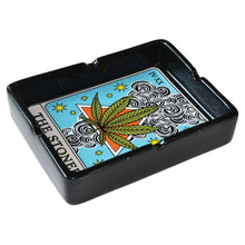 Load image into Gallery viewer, Black ceramic ashtray featuring a colorful stoner themed tarot card with a pot leaf - Down To Earth
