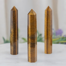 Load image into Gallery viewer, Tiger Eye Obelisk Group Picture with Style Background - Down To Earth
