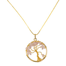 Load image into Gallery viewer, Tree of Life Rose Quartz Gold Necklace up close on a white background - Down To Earth
