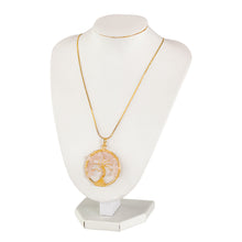 Load image into Gallery viewer, Tree of Life Rose Quartz Gold Necklace side facing on a white display on a white background - Down To Earth
