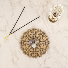 Load image into Gallery viewer, Triple Moon Crystal Grid top down with props displayed on a styled background - Down To Earth
