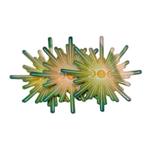 Load image into Gallery viewer, "Three decorative holographic stickers that are a sunburst with graphics of a triple moon and crystal in the center," - Down to Earth.
