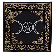 Black Triple Moon Pentacle Altar Cloth with gold artwork and white triple moon - Down To Earth