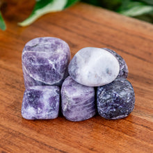 Load image into Gallery viewer, Lepidolite Tumbled on a wooden surface high angle - Down to Earth 
