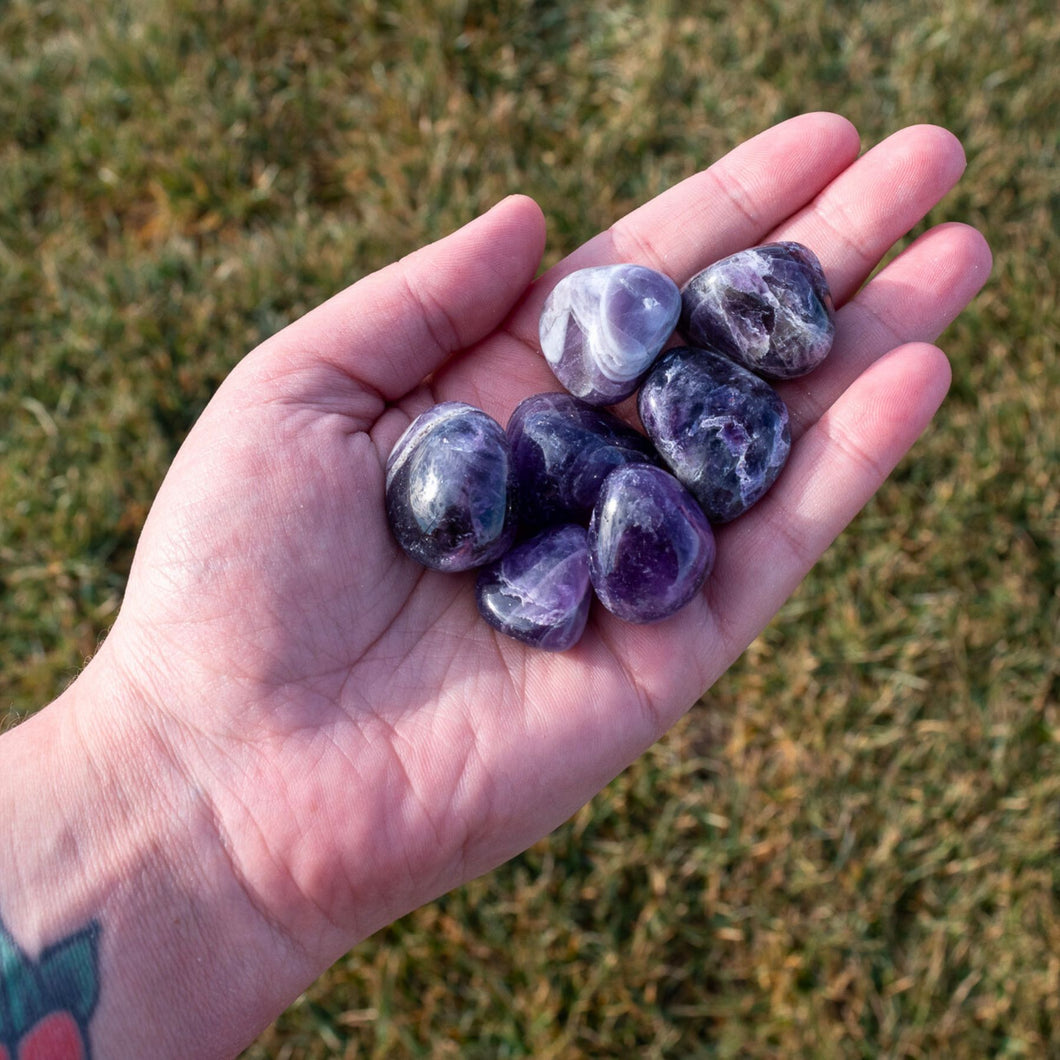 Tumbled Amethyst in the Palm of a Hand - Down To Earth