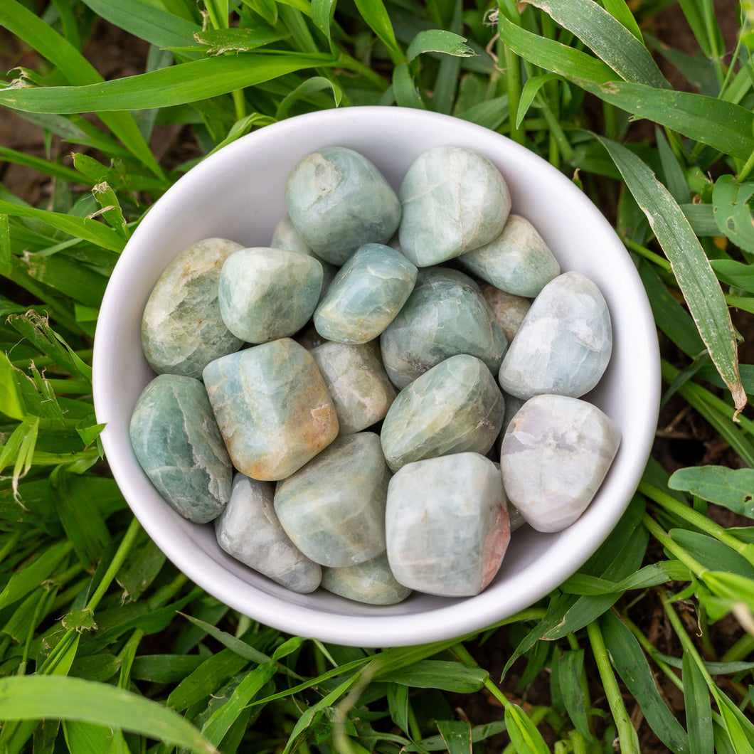 Tumbled Aquamarine in a white Bowl -Down To Earth