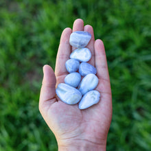 Load image into Gallery viewer, Tumbled Blue Lace Agate in the Palm of a  Hand - Down To Earth
