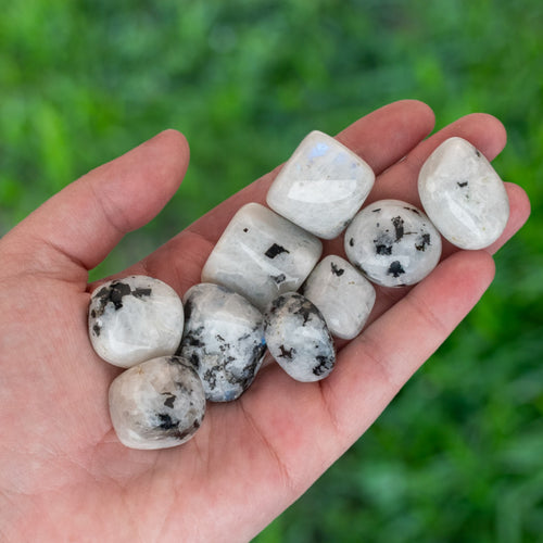 Tumbled Rainbow Moonstone in the palm of a hand - Down To Earth