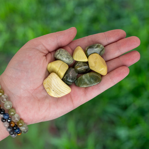 Tumbled Serpentine in palm of a hand - down to earth