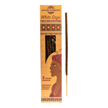 Load image into Gallery viewer, "White Sage Sacred Elements incense sticks package with a sole incense stick outside of the packaging on a white background," - Down to Earth.
