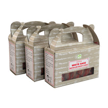 Load image into Gallery viewer, &quot;Three packages of White Sage Satya Backflow Dhoop Cones on a white background,&quot; - Down to Earth. 
