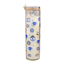 Load image into Gallery viewer, &quot;Single White Sage Evil Eye Pillar Candle covered in gold and blue decals on a white background,&quot; - Down to Earth.
