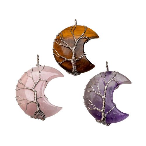 Wire Wrapped Crystal Moon Pendants group of Rose Quartz, Tiger's Eye and Amethyst - Down To Earth Online Metaphysical Store