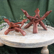 Load image into Gallery viewer, Wooden Tripod Abalone Shell Stand Group Photo on a style background - Down To Earth

