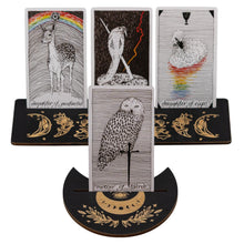 Load image into Gallery viewer, Wooden Tarot Card Display on a white background with cards - Down to Earth
