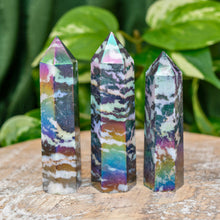 Load image into Gallery viewer, "Three Rainbow Zebra Jasper Towers on a wooden plank with green foliage in the background," - Down to Earth.
