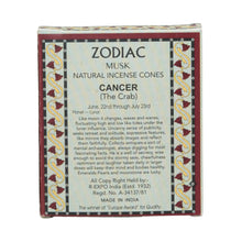 Load image into Gallery viewer, Box of Zodiac Musk natural incense cones with astrological information on a white background - Down to Earth
