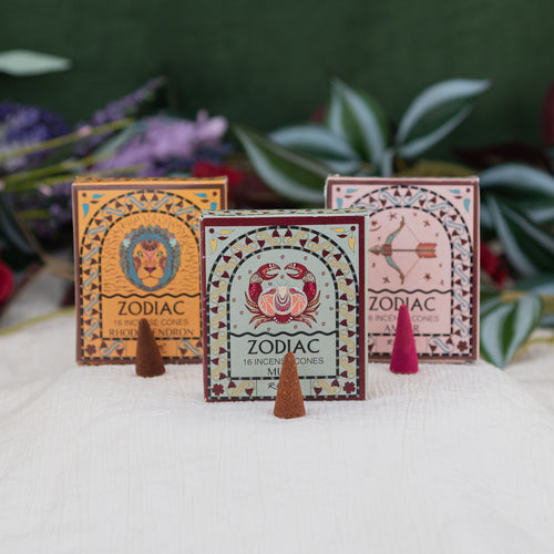 Three zodiac-themed incense boxes with decorative designs on a white surface with plants in the background - Down to Earth