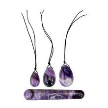 Load image into Gallery viewer, &quot;Set of four yoni amethyst pieces. This includes three yoni eggs of varying sizes, and a crystal wand,&quot; - Down to Earth.
