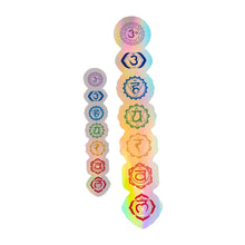 Load image into Gallery viewer, "Two Chakra Holographic Stickers in the sizes small and large on a white background," - Down to Earth.
