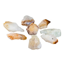 Load image into Gallery viewer, &quot;Side angle of eight rough citrine crystals against a white background. This stone is commonly used in the metaphysical community to manifest luck and prosperity,&quot; - Down to Earth.
