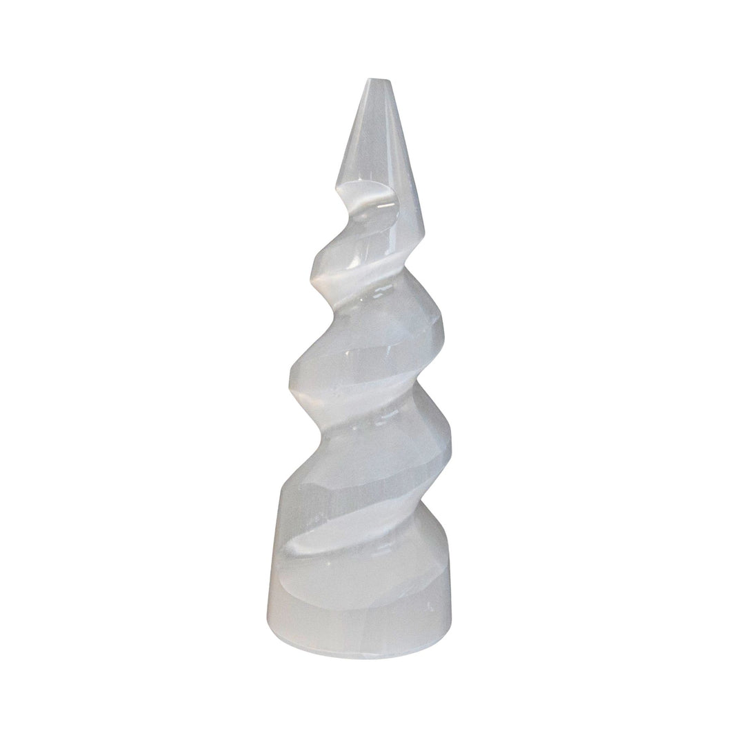 White four inch selenite spiral crystal t - Down to Earth.